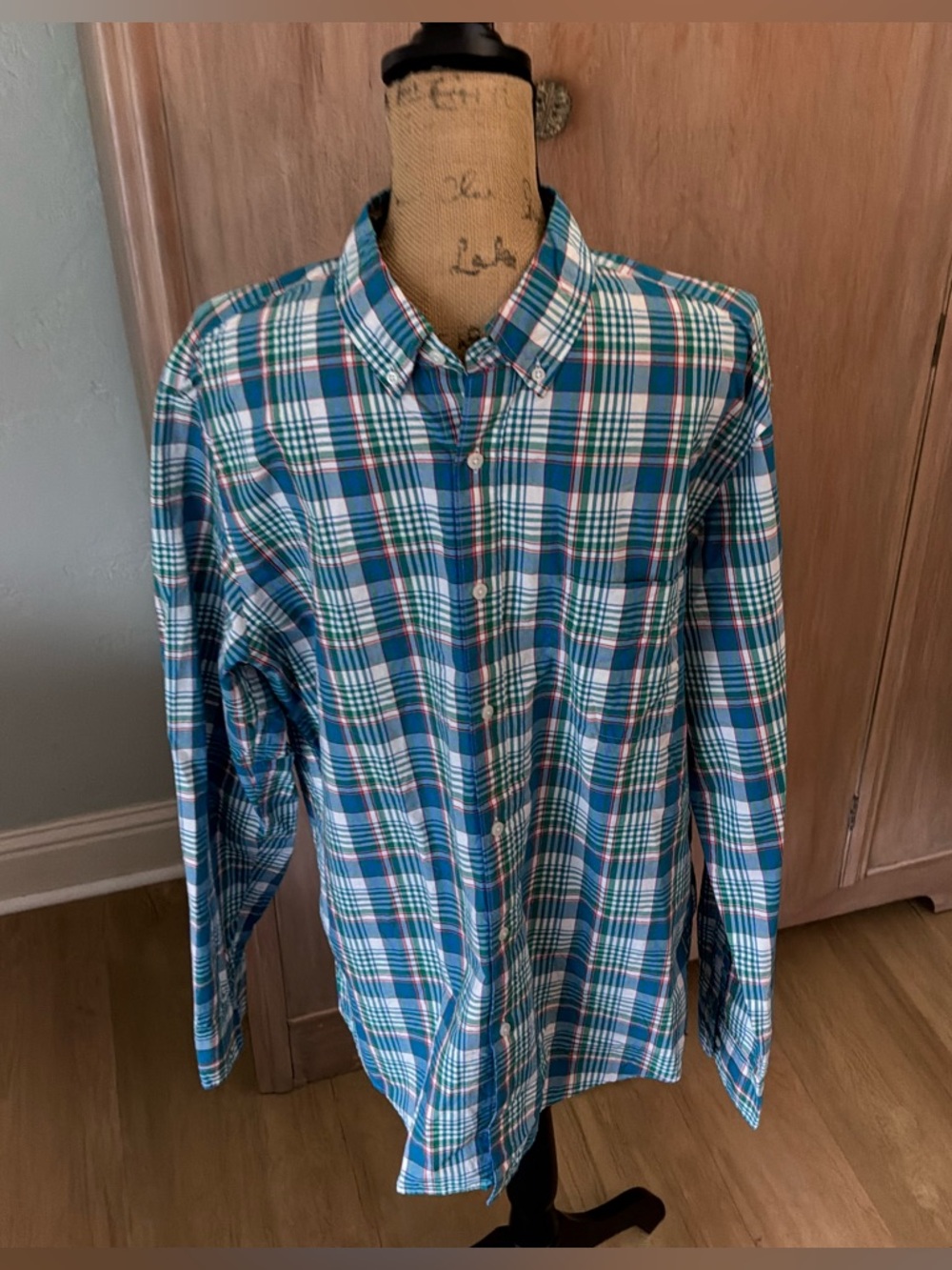 J. Crew Button Down Madras Plaid Shirt blue pink white size Large